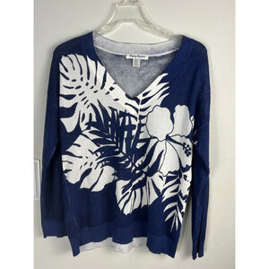Women's Tommy Bahama Blue Floral Print Cotton Sweater Size S Open Weave